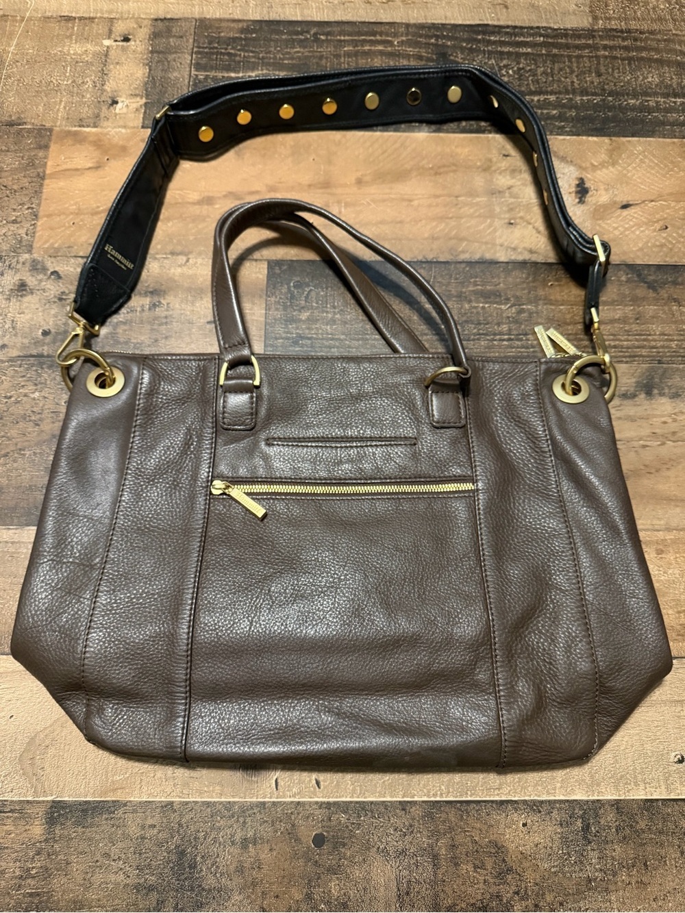 Hammitt Brown Mixed Material Shoulder Bag with Signature Studded Guitar Strap - Picture 2 of 14